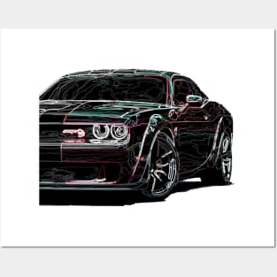 Neon Blaze: Black Dodge Challenger Fiery Front Half Body High NEON Effect Design Posters and Art